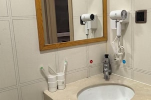 Un baño con un lavabo, dos secadores de pelo sujetos a la pared, un espejo con marco de madera y un grifo.