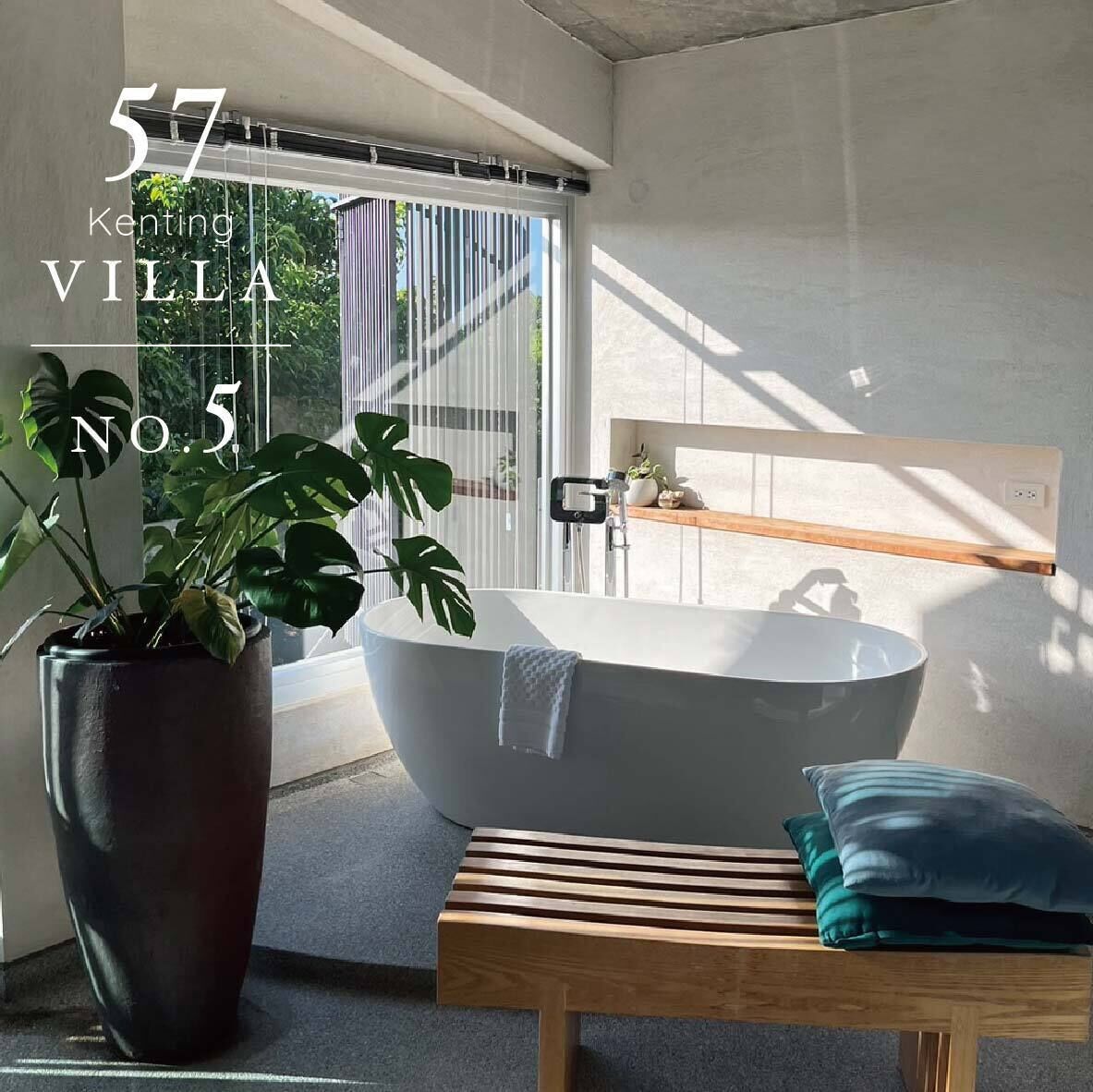A modern bathroom with a freestanding bathtub, a wooden bench, and a large potted plant.