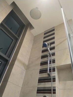 Hair dryer, bidet, towels, soap