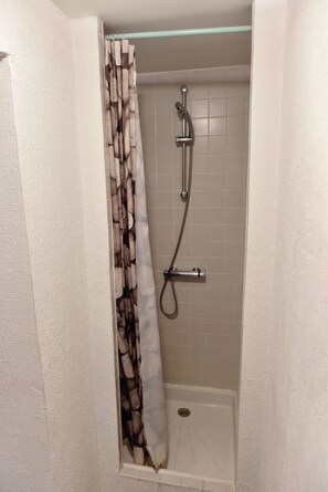 Shower, towels, soap, toilet paper