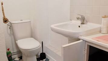 Shower, towels, soap, toilet paper