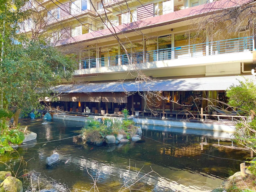 A building with a rooftop garden and a koi pond.