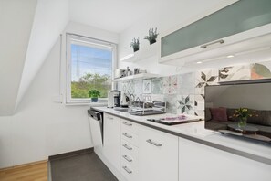 Kühlschrank, Mikrowelle, Herdplatte, Geschirrspüler