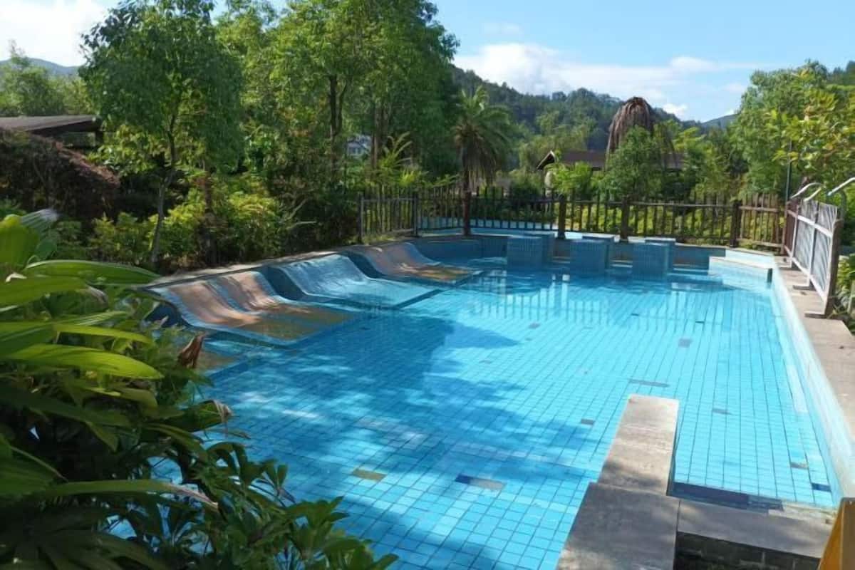 Una piscina rectangular con borde de azulejos, rodeada por una valla de madera y abundante vegetación.