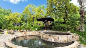 Un bain à remous circulaire aux murs en pierre, entouré d’une terrasse en pierre et d’une végétation luxuriante.