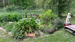 Een tuin met verschillende planten en beelden.