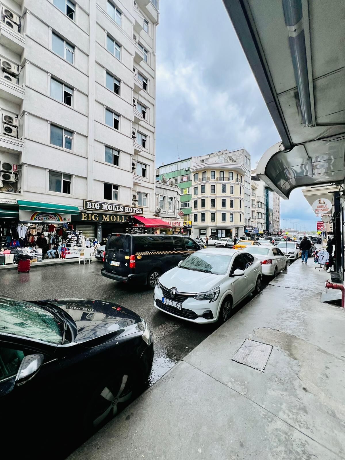 Eine belebte Stadtstraße mit einem Hotel namens 'BIG MOLIS HOTEL' und einem Tierbedarfsladen.