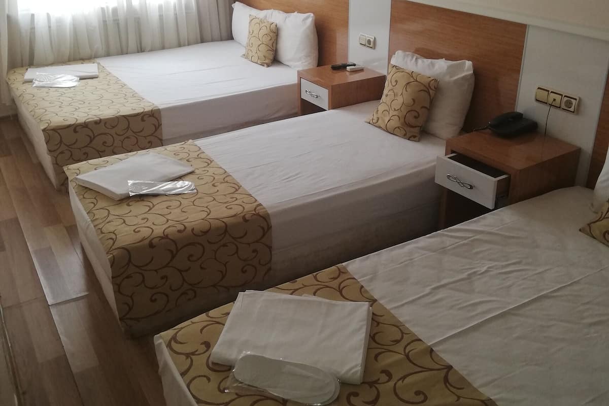 A hotel room with three beds, each with a patterned bedspread, a wooden headboard, and a bedside table with a lamp and phone.