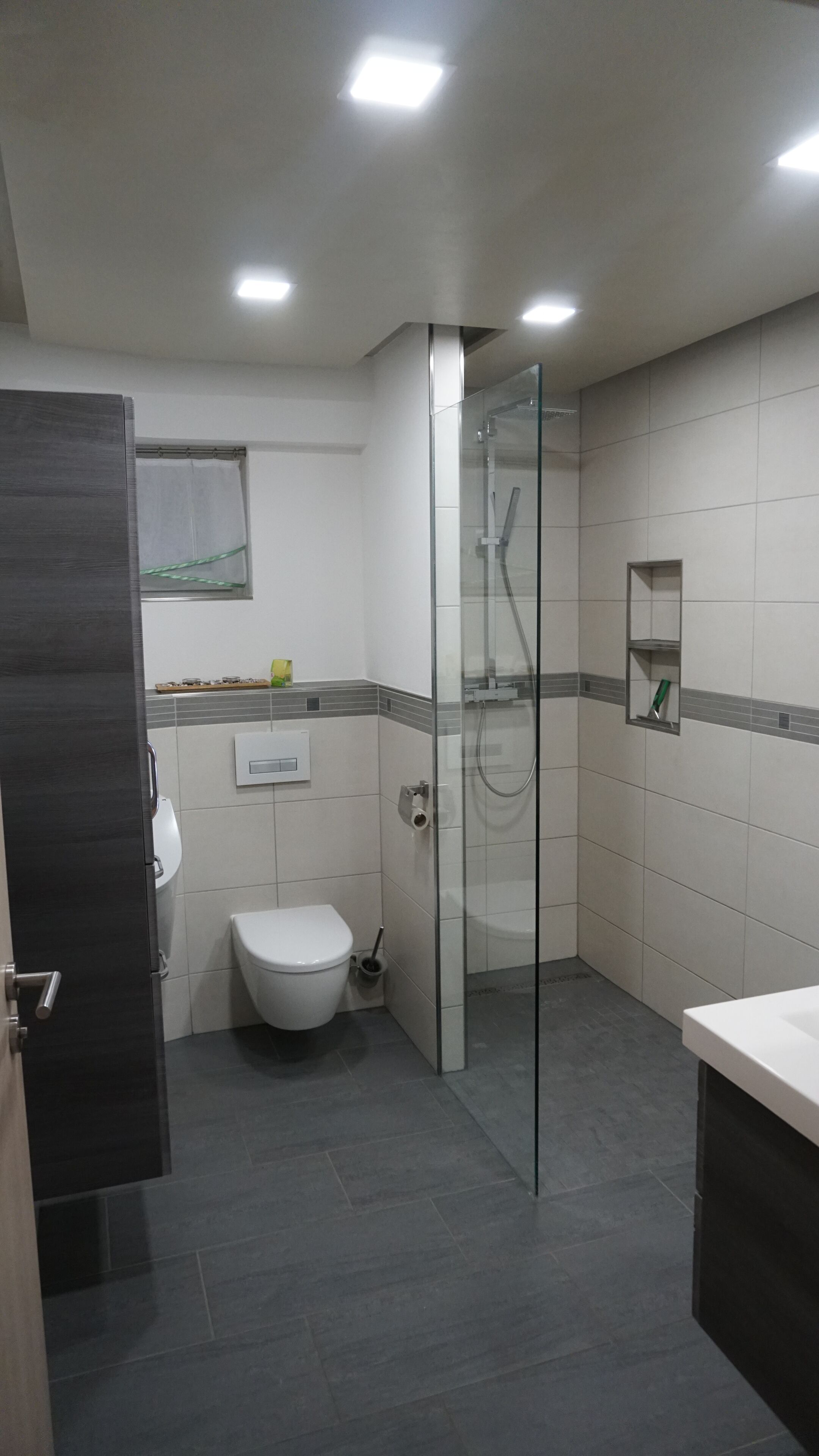 Une salle de bain moderne avec une douche à parois de verre, des toilettes et un lavabo.