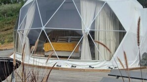 A geodesic dome structure with a bed inside.
