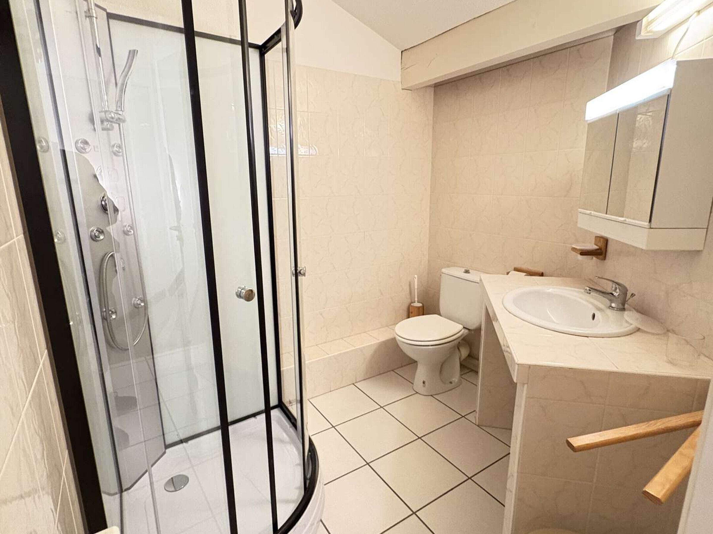 A modern bathroom with a glass-enclosed shower, a toilet, and a sink with a mirror above.