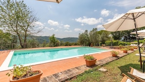 A rectangular swimming pool with a tiled border, surrounded by potted plants and outdoor furniture. - Pet friendly apartment (Monte S.Maria Tiberina)