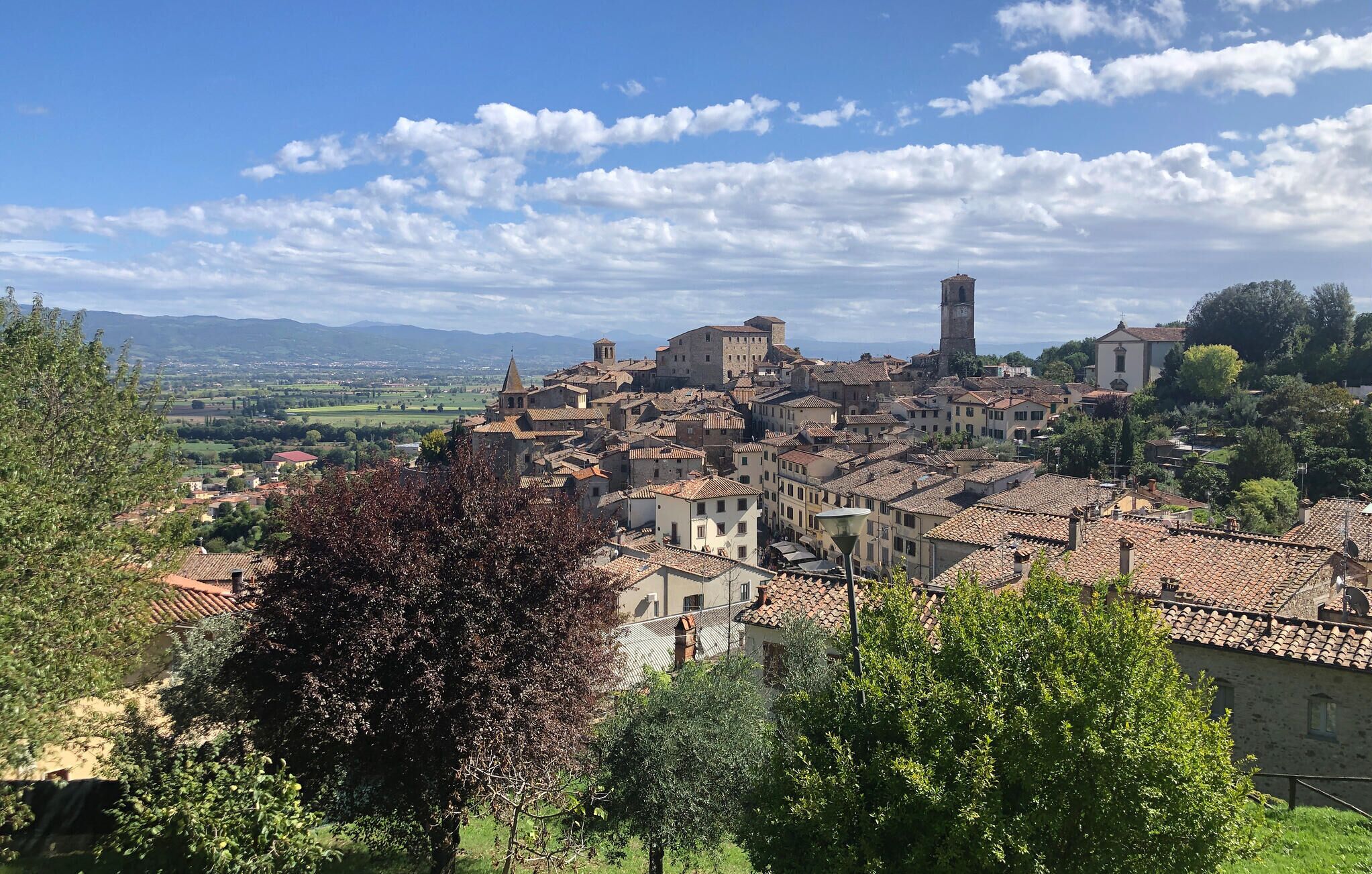 A historic town with a prominent tower, terracotta-roofed buildings, and lush greenery.