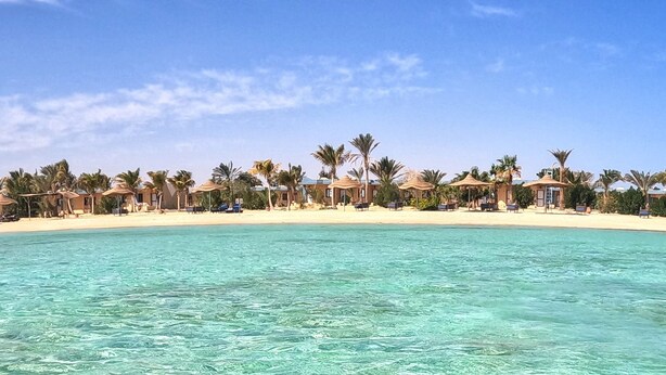 A beach resort with clear turquoise water, palm trees, and beach umbrellas. - Mangrove Bay Resort (El Quseir)