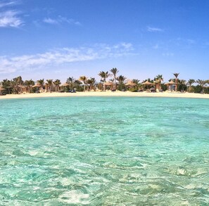 A beach resort with clear turquoise water, palm trees, and beach umbrellas. - Mangrove Bay Resort (El Quseir)