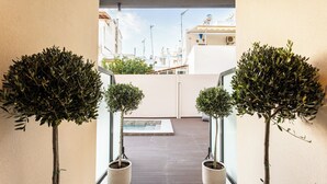 Ein schmaler Korridor mit Kübelbäumen an beiden Seiten, der zu einer Dachterrasse mit Pool führt.