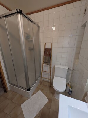 Shower, hair dryer, towels, toilet paper