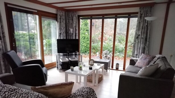 A living room with a sofa, armchair, and a television. There is a table with decorative items and a view of a garden through large windows. - Lovely vacation home on beautiful park (Diever)