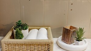A wicker basket with rolled towels and a small potted plant on a countertop. - 2BHK Tropical Haven Lajpat Nagar (New Delhi)