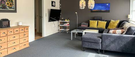 Un salon avec un canapé gris, un meuble en bois, une télévision et un lustre.