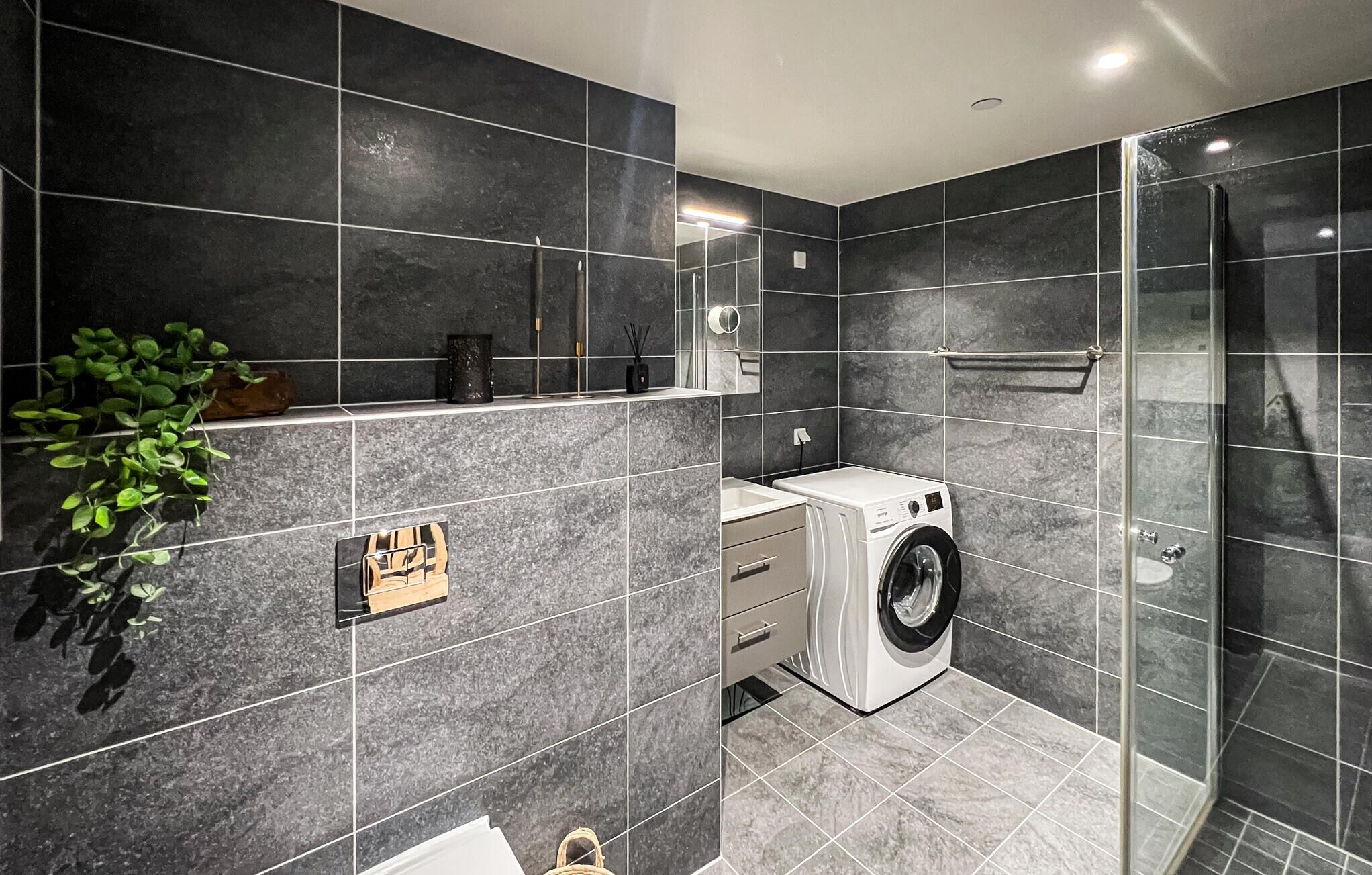 A modern bathroom with dark tiles, a washing machine, a glass shower enclosure, and a plant on the left.