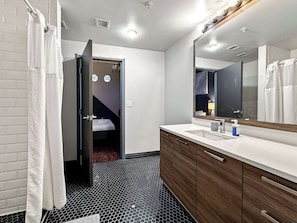 Shower, hair dryer, shampoo