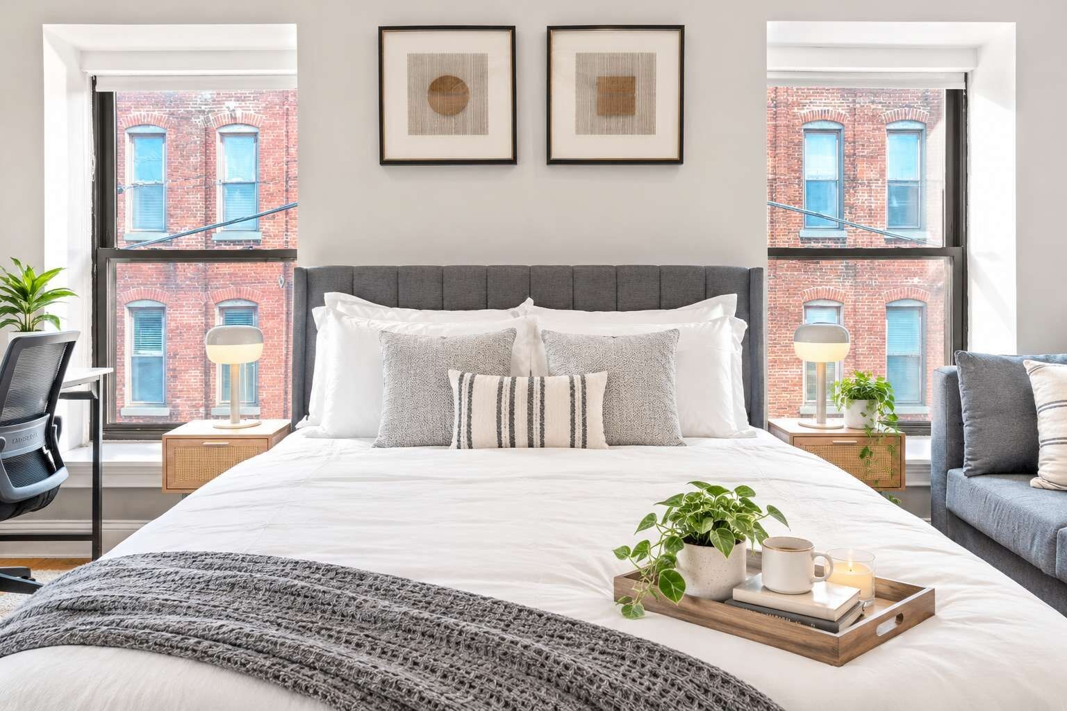 A modern bedroom with a large bed, two framed artworks, a view of a brick building, and a plant on the bedside table.