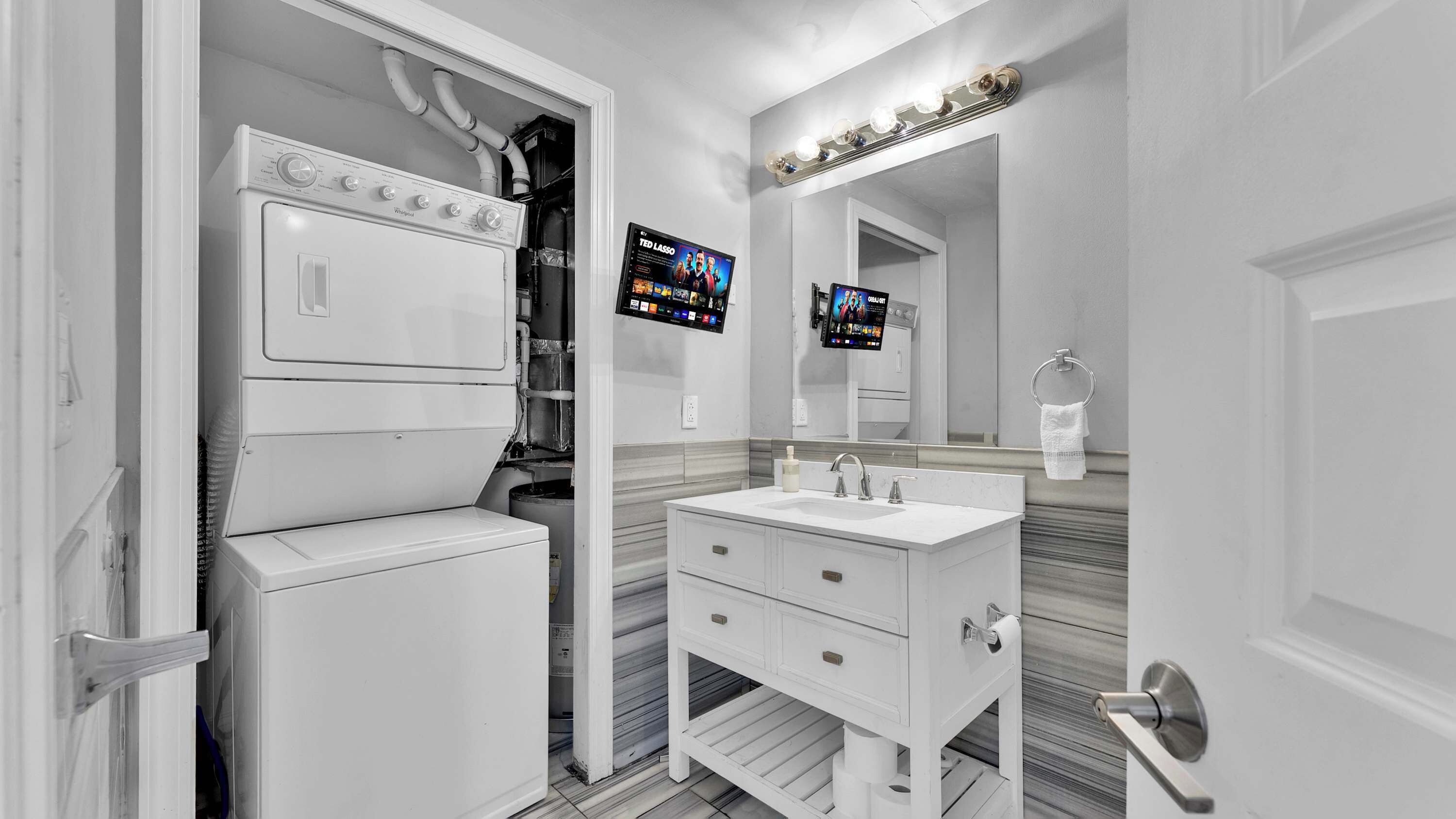 Shower, hair dryer, shampoo