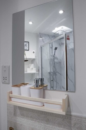Shower, hair dryer, bidet, towels