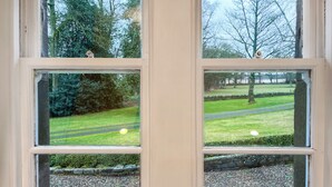 A window with a view of a grassy area and trees.