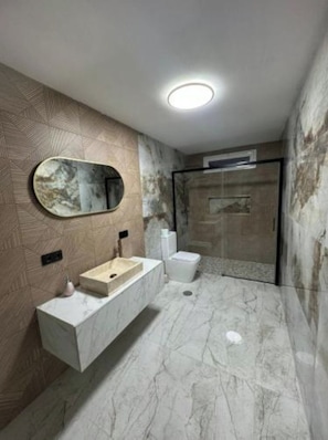 Hair dryer, bidet, towels, soap