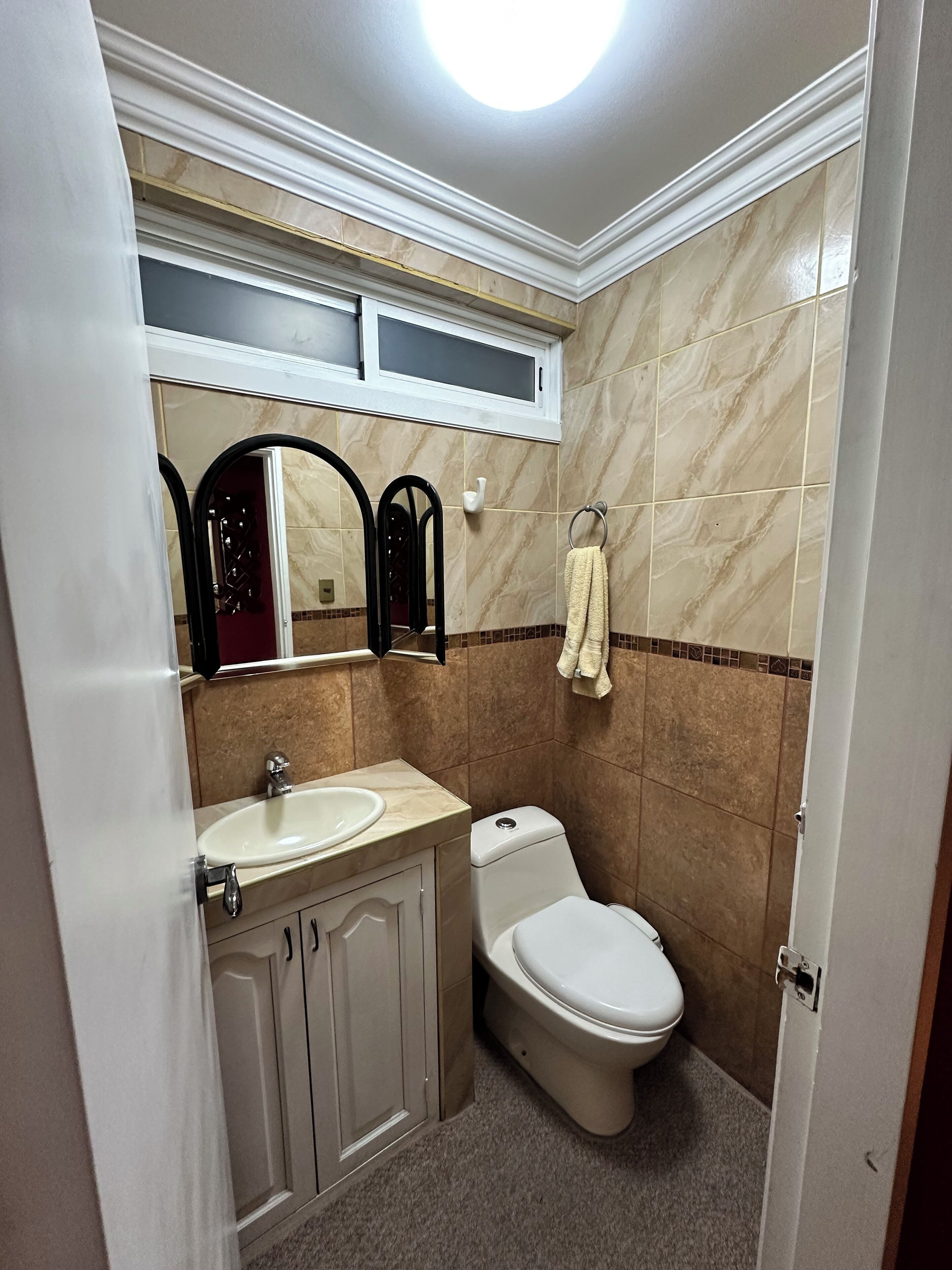 A bathroom with a sink, mirror, toilet, and towel rack.