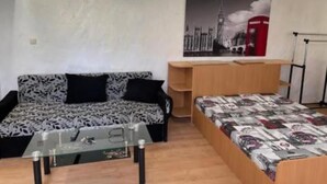A compact room with a bed, a sofa, and a small table.