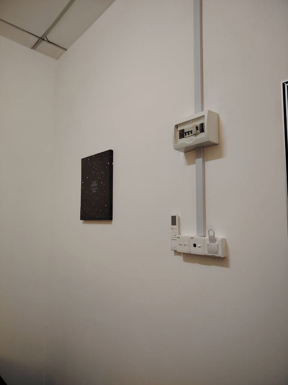 A room with a white wall, a black artwork, and a white electrical box.