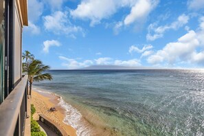 Blick auf einen Strand vom Balkon aus, mit feinem Sand, klarem Wasser und einer Palme.