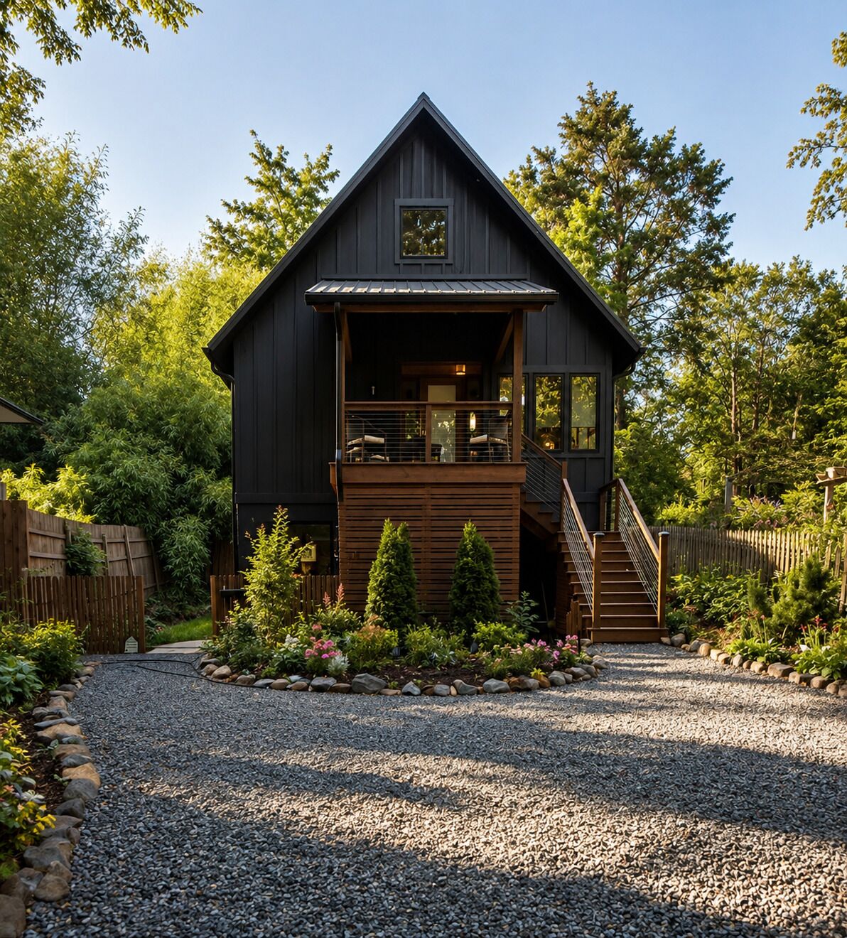 A two-story cabin with a balcony, surrounded by a gravel driveway and a wooden fence.