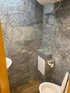 Shower, hair dryer, towels, toilet paper