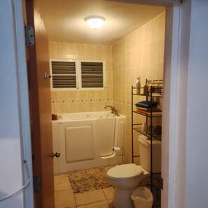 Hair dryer, towels, soap, toilet paper