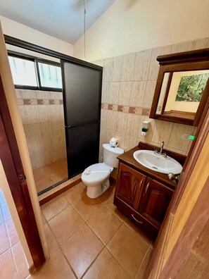 Douche, séchoir à cheveux, serviettes fournies, savon