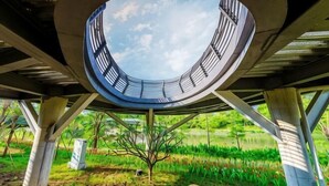 Une plateforme circulaire d’observation, offrant une vue dégagée sur le ciel, soutenue par des piliers en béton et située dans un environnement naturel.