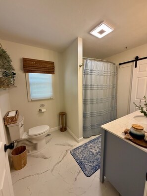 Hair dryer, towels, toilet paper