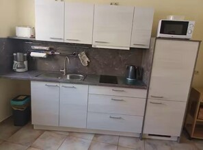 Fridge, microwave, stovetop, coffee/tea maker