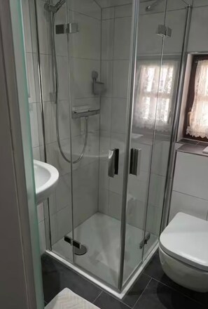 Shower, towels, soap, toilet paper - Vacation apartment no. 1, town center, Randersacker (Randersacker)