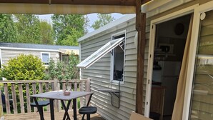 A covered patio with a table and chairs, a potted plant, and a sliding door to a kitchen area. - Mobile home number 480 in camping 4☆ (Châteauneuf-de-Galaure)