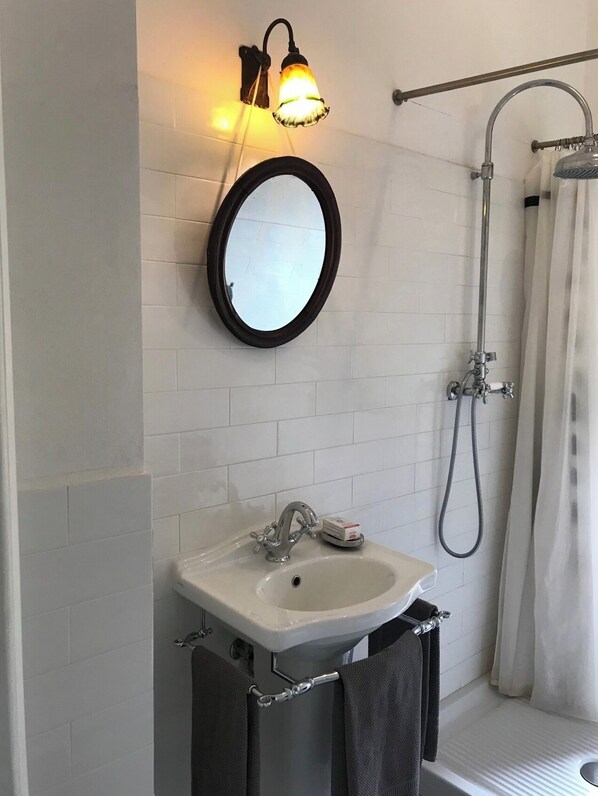 Shower, hair dryer, bidet, towels