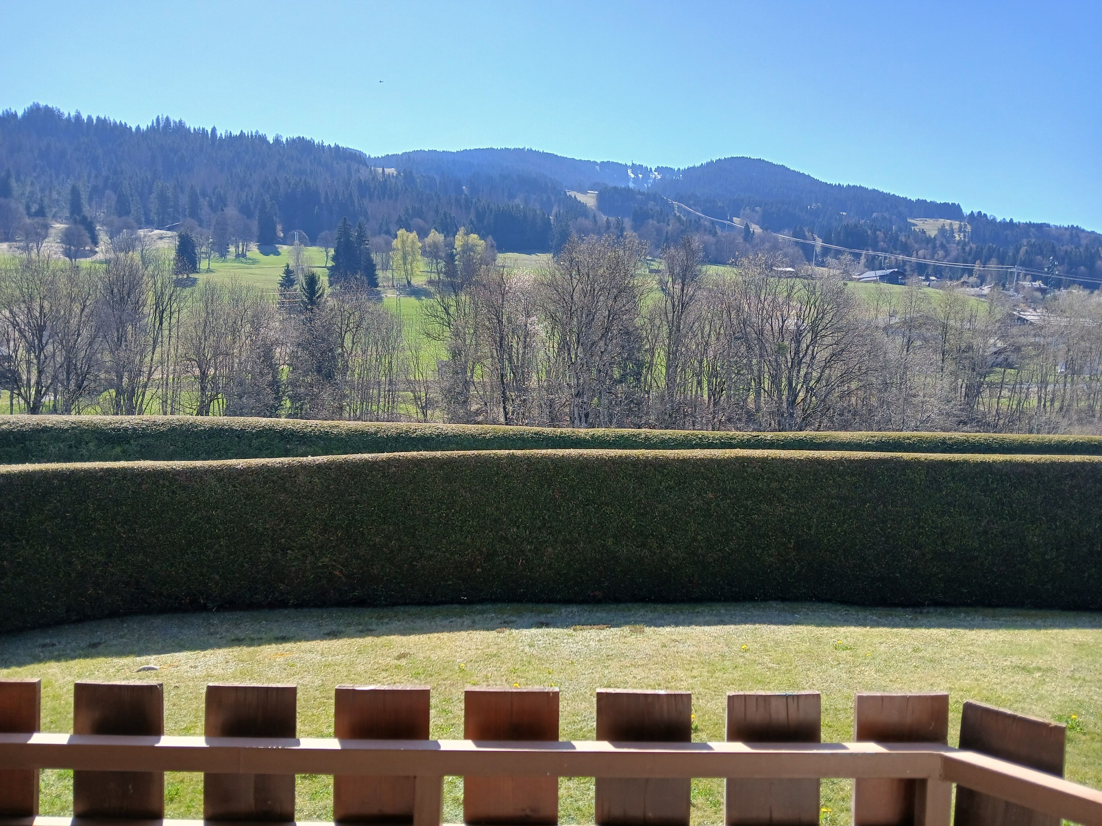 Blick auf ein grasbewachsenes Feld mit einem Holzzaun im Vordergrund und einem bewaldeten Gebirge im Hintergrund.