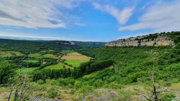 A panoramic view of a lush valley with a prominent cliff on the right and a winding road leading through the landscape.