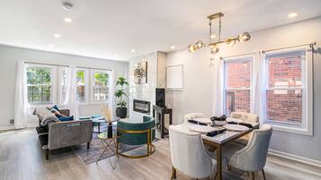 Smart TV, fireplace, books