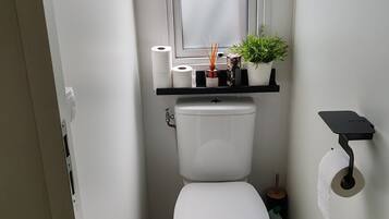 Shower, hair dryer, soap, toilet paper