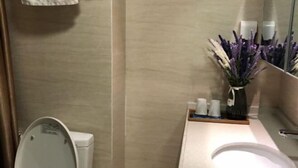 Un baño con inodoro, lavamanos y espejo.